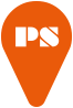 An orange map marker with the Pro Strokes intials cut out.